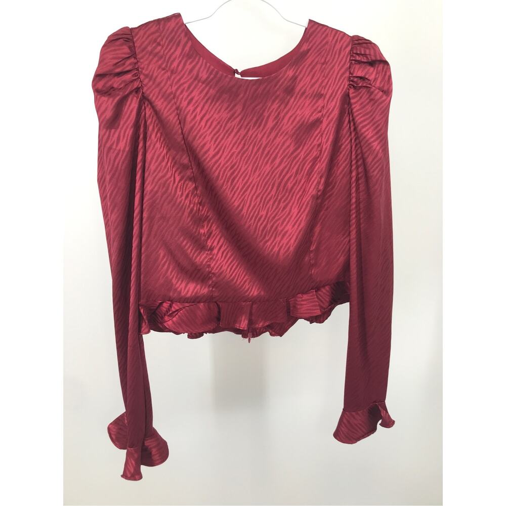 Do+Be Burgundy Tiger Striped Satin Ruffle Trim Blouse Womens L